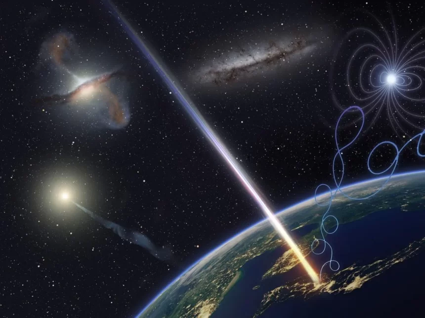 Illustration depicting ultra-high-energy cosmic ray astronomy, shedding light on extraordinarily energetic phenomena. Credit: Osaka Metropolitan University, Kyoto University, Ryuunosuke Takeshige.